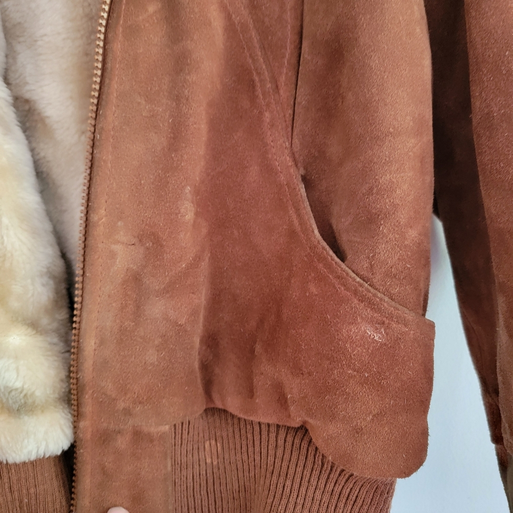 Vintage Shepler's Brown Suede Soft Shearling Lined Bomber Jacket 12* Small  Hood - Picture 8 of 16